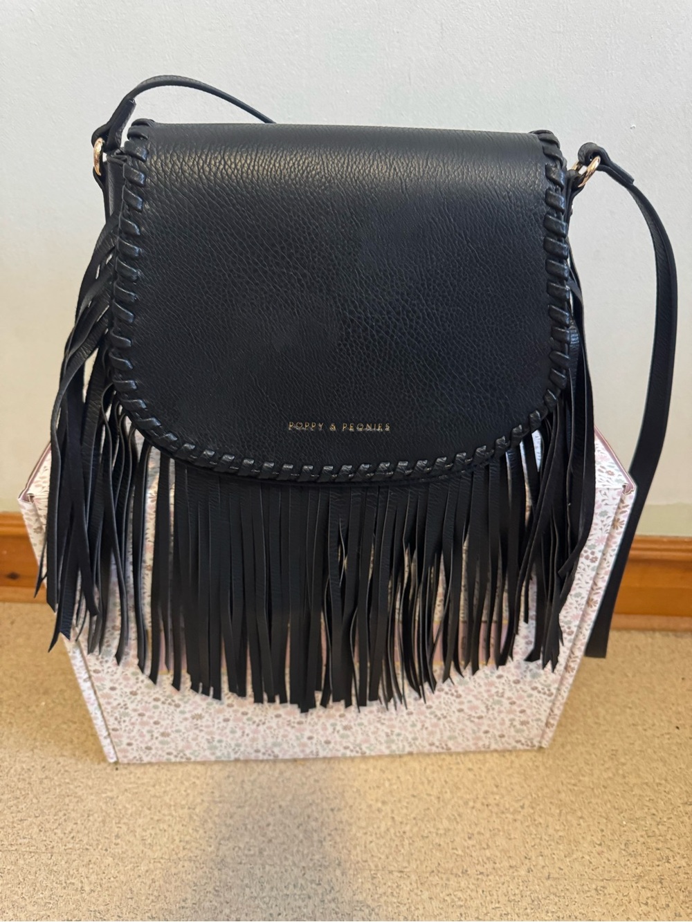 Poppy & Peonies Black Fringe Leather Crossbody